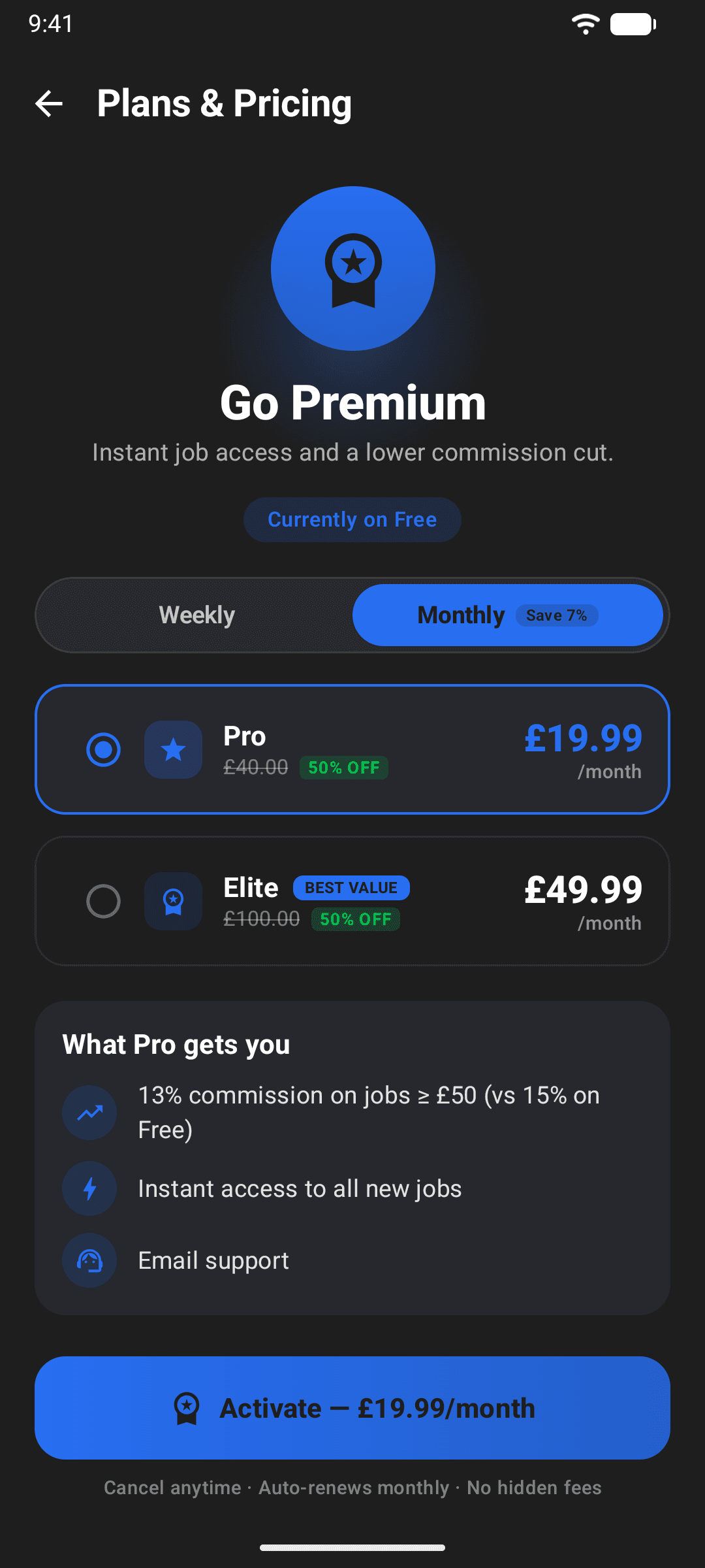 The eMoval Driver app showing subscription plans and commission rates